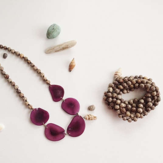 Anita Necklace & Long Strand Necklace/Bracelet made from Manila Palm and the Tagua seed.