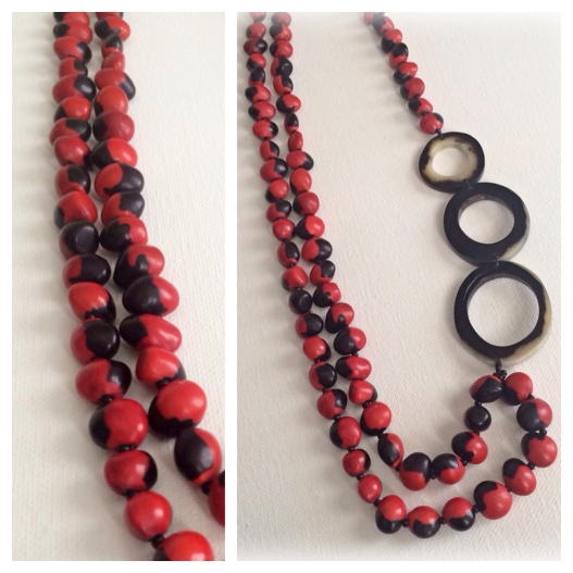 Bold Red Necklace made with The Huayuro seed and Bullhorn. 